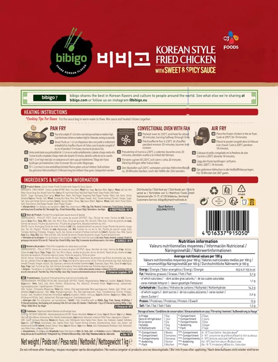 Bibigo Korean Style Chicken with Sweet & Spicy Sauce 1kg FROZEN