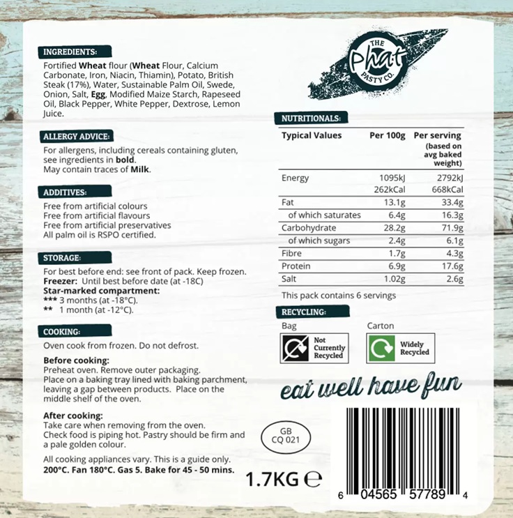 The Phat Pasty 6 Traditional Cornish Pasties 6 Pack x 283g (1.7kg)  FROZEN